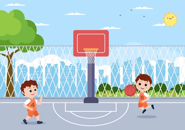 Enfants jouant au basket  Illustration