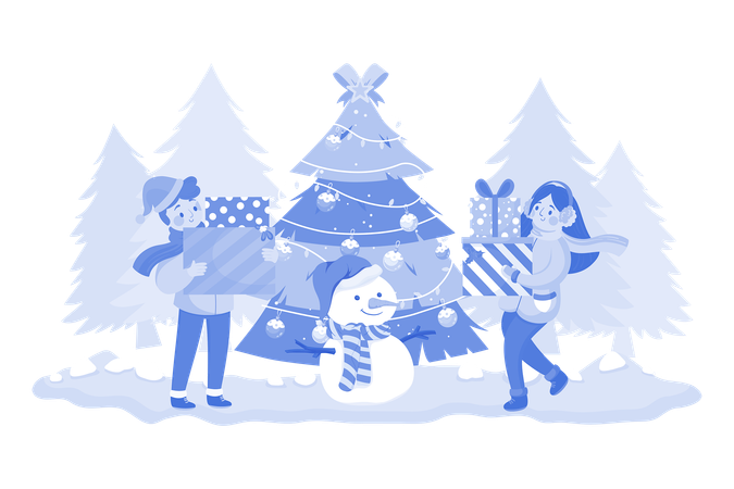 Enfants jouant au bonhomme de neige ensemble à l'extérieur  Illustration