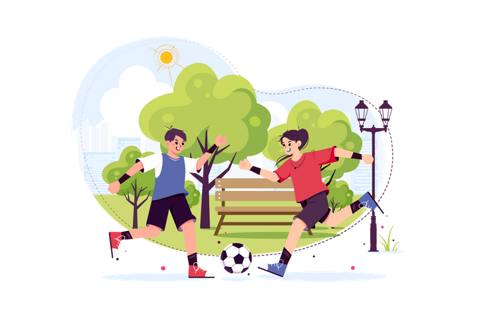 Enfants jouant au football dans le parc  Illustration