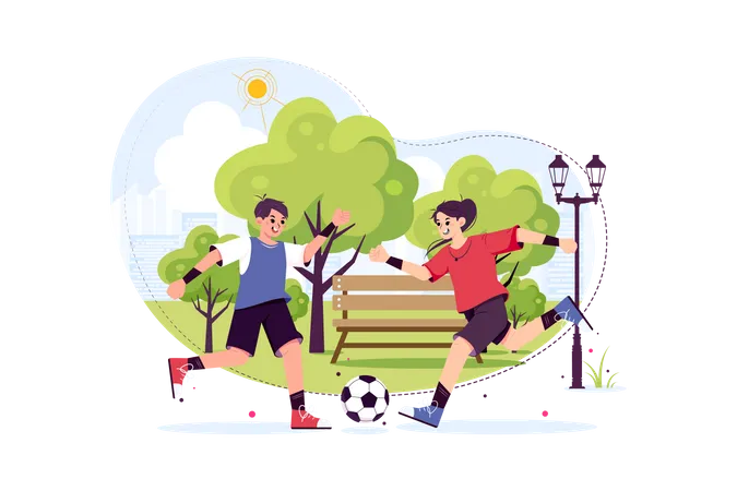 Enfants jouant au football dans le parc  Illustration