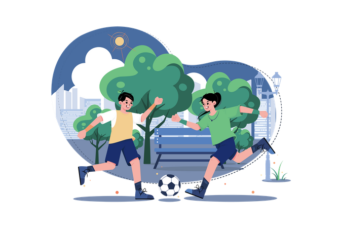 Enfants jouant au football dans le parc  Illustration