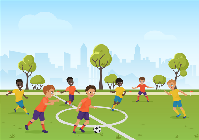 Enfants jouant au football dans le parc  Illustration