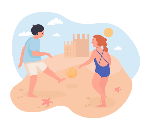 Enfants jouant au football sur la plage  Illustration