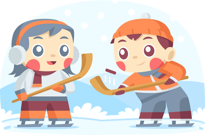 Enfants jouant au hockey sur glace en hiver  Illustration