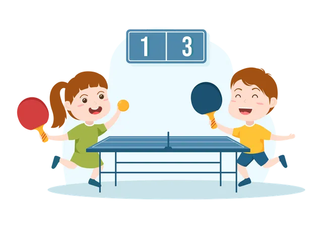 Enfants Mignons Jouant Au Tennis De Table Avec Raquette Et Balle De Jeu De Ping Pong Dans Une Illustration De Modeles Dessines A La Main Illustration