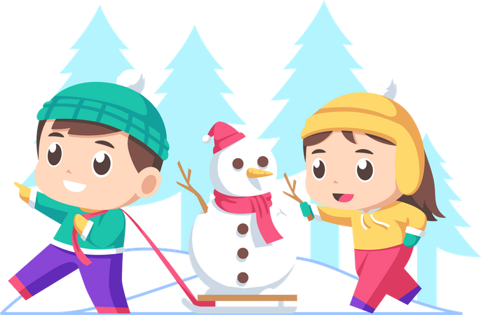 Enfants jouant avec un bonhomme de neige  Illustration