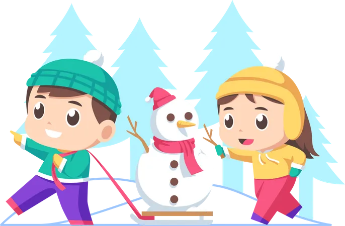 Enfants jouant avec un bonhomme de neige  Illustration