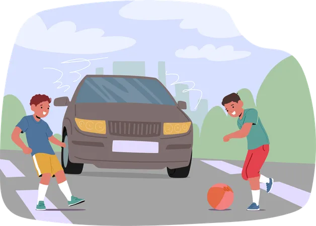 Enfants jouant avec un ballon près de la route alors qu'une voiture s'approche  Illustration