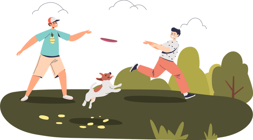 Enfants jouant avec un chien au parc  Illustration