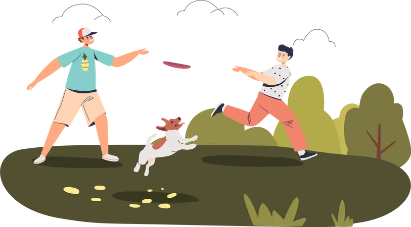 Enfants jouant avec un chien au parc  Illustration