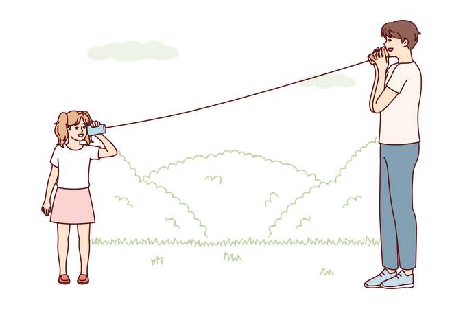 Enfants jouant avec un téléphone à cordes de gobelets en papier  Illustration