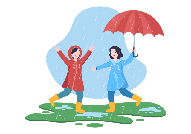 Enfants jouant sous la pluie  Illustration