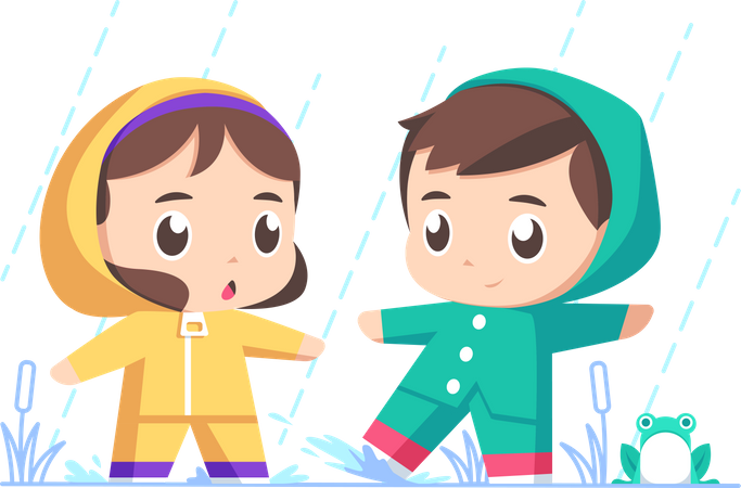 Enfants jouant sous la pluie  Illustration