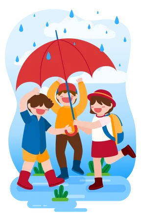 Enfants jouant sous la pluie à côté de la maison  Illustration