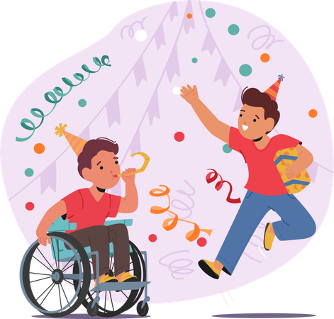 Enfants joyeux célébrant un anniversaire, y compris un enfant en fauteuil roulant, mettant en valeur l'inclusion et le bonheur, image vectorielle  Illustration