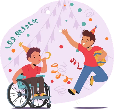 Enfants joyeux célébrant un anniversaire, y compris un enfant en fauteuil roulant, mettant en valeur l'inclusion et le bonheur, image vectorielle  Illustration