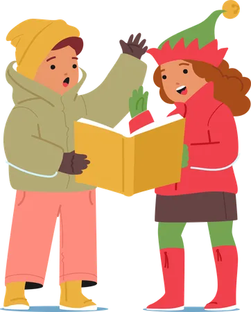 Des personnages joyeux pour enfants, garçons et filles, en tenue chaleureuse, chantent des chants de Noël  Illustration