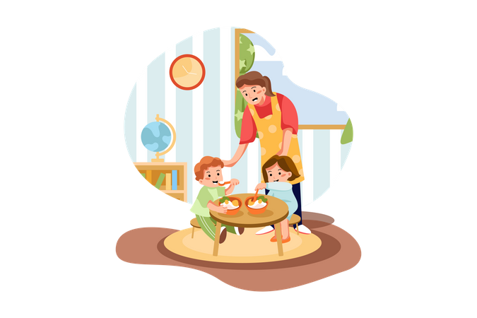 Enfants mangeant un repas à l'école maternelle  Illustration