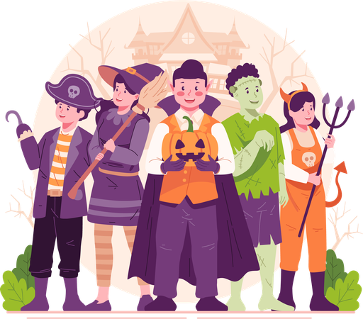 Enfants heureux mignons s'habillant dans divers costumes d'Halloween célébrant Halloween  Illustration