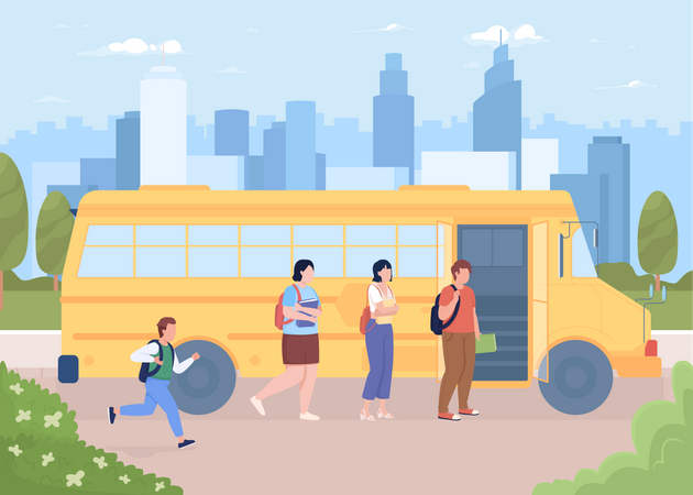 Des enfants montent dans un autobus scolaire  Illustration