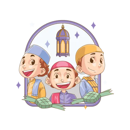 Les enfants musulmans heureux pendant l'Aïd Moubarak  Illustration