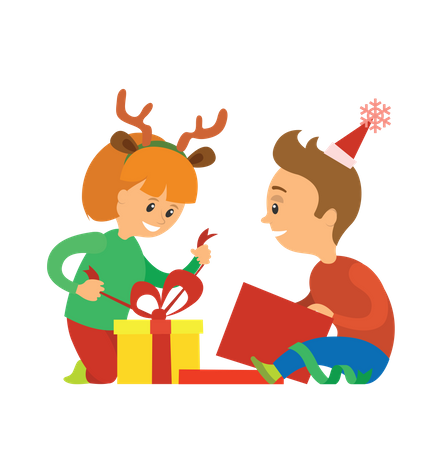 Enfants ouvrant des cadeaux de Noël  Illustration