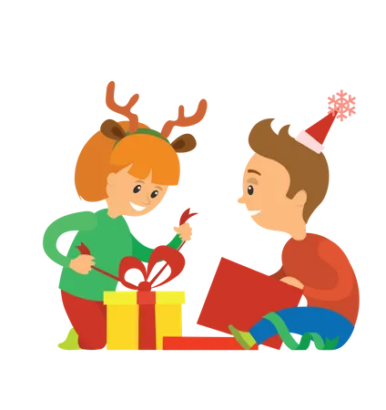 Enfants ouvrant des cadeaux de Noël  Illustration