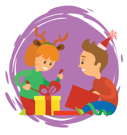 Enfants ouvrant des cadeaux de Noël  Illustration