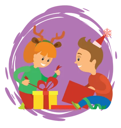 Enfants ouvrant des cadeaux de Noël  Illustration