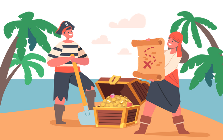 Pirates pour enfants cachant du butin dans un coffre sur l'île secrète, garçons et filles amusants portent des costumes Picaroon avec un trésor  Illustration