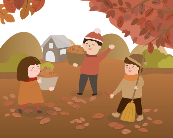 Enfants plantant un arbre et fils balayant les feuilles  Illustration