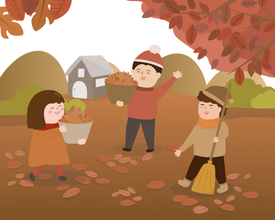 Enfants plantant un arbre et fils balayant les feuilles  Illustration