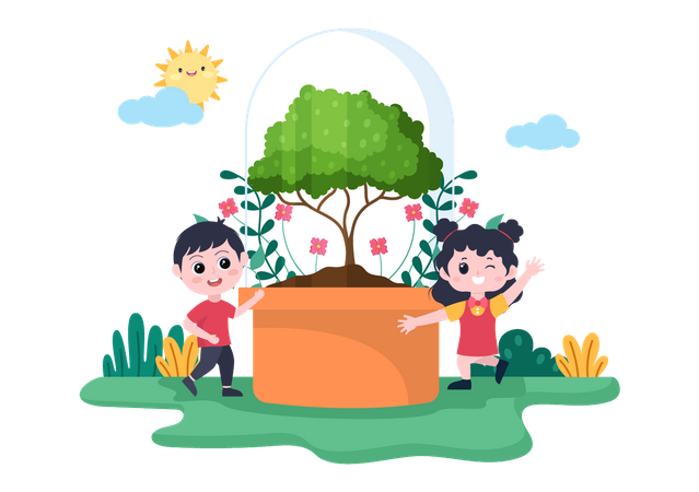 Enfants plantant un arbre  Illustration