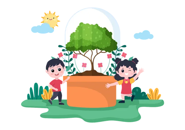 Enfants plantant un arbre  Illustration