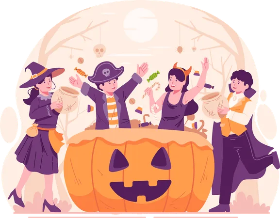 Enfants portant des costumes d'Halloween et s'amusant avec un grand panier de citrouille rempli de bonbons et de bonbons  Illustration