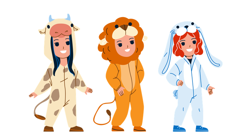 Enfants portant des pyjamas animaux drôles ensemble  Illustration