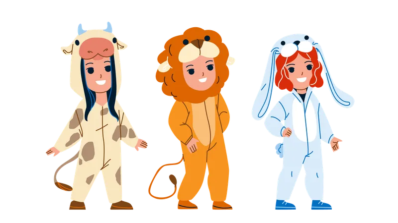 Enfants portant des pyjamas animaux drôles ensemble  Illustration