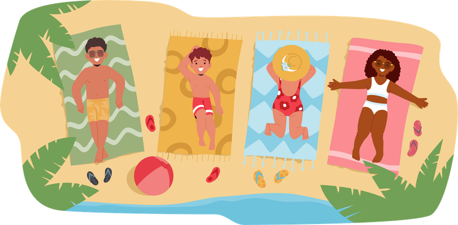 Les enfants prennent un bain de soleil et profitent de la journée à la plage  Illustration