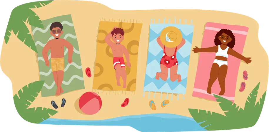 Les enfants prennent un bain de soleil et profitent de la journée à la plage  Illustration