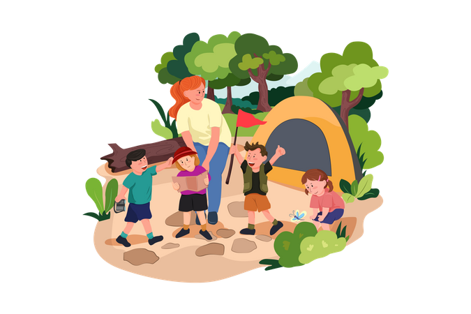 Enfants profitant du camping en voyage scolaire  Illustration