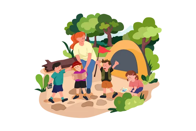 Enfants profitant du camping en voyage scolaire  Illustration