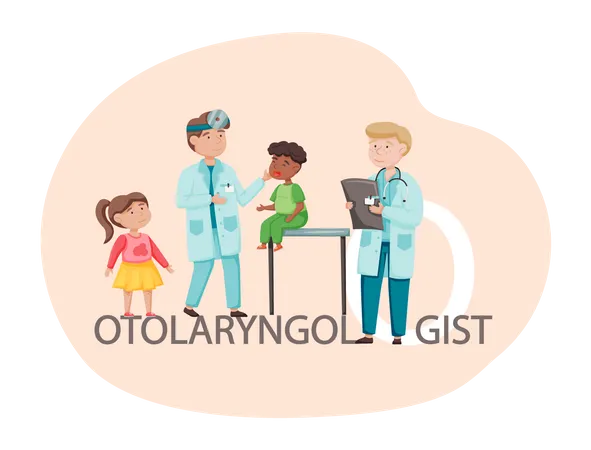 Les enfants reçoivent un traitement d'un médecin oto-rhino-laryngologiste  Illustration