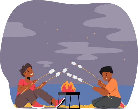 Enfants rôtissant des guimauves au feu de camp  Illustration