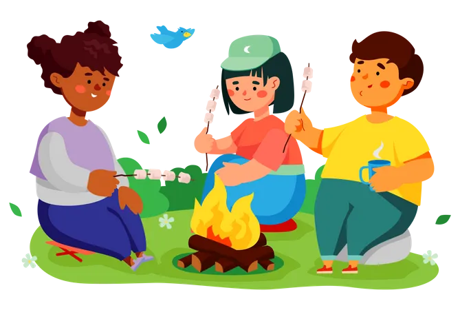 Enfants rôtissant des guimauves sur un feu de camp  Illustration