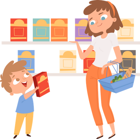 Enfants faisant du shopping avec leur mère  Illustration