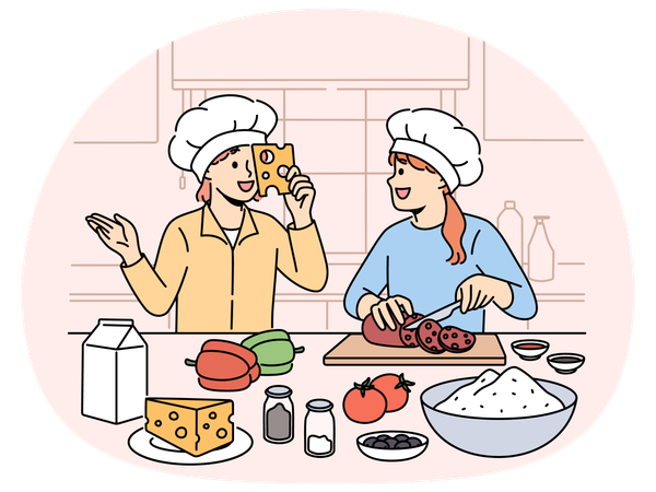 Des enfants souriants cuisinent dans la cuisine de la maison  Illustration