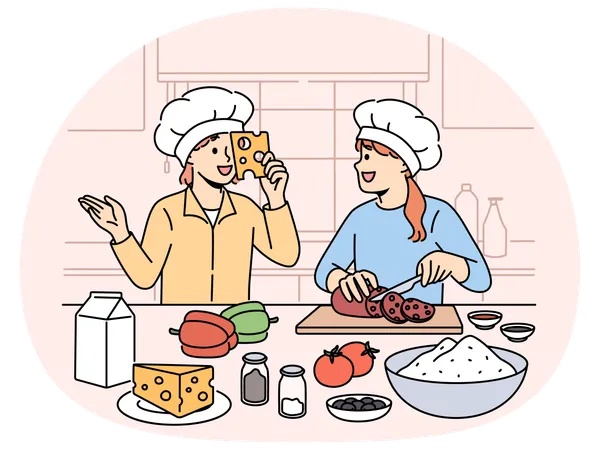 Des enfants souriants cuisinent dans la cuisine de la maison  Illustration