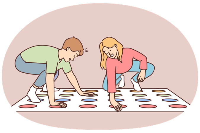 Des enfants souriants jouent au twister à la maison  Illustration