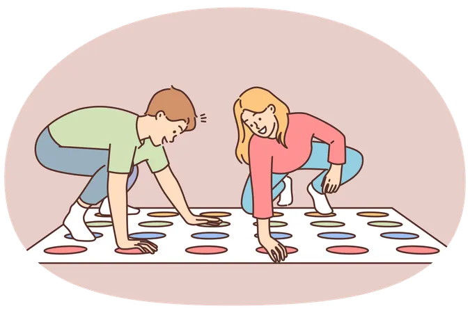 Des enfants souriants jouent au twister à la maison  Illustration