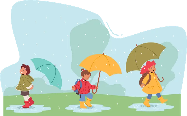 Enfants tenant un parapluie sous la pluie  Illustration